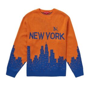 Unisex “New York Cityscape” Knitted Sweater – Orange & Blue