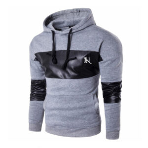 Men’s Grey & Black Leather Patch Hoodie – Premium Streetwear Style