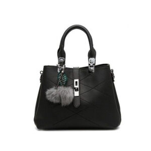 Elegant Black Leather Handbag with Pom Charm