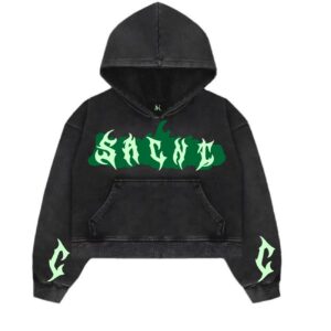 Unisex Black Graphic Street Hoodie – Glow Green Gothic Print