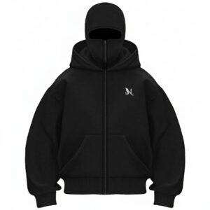Black Full Zip-Up Hoodie with Face Cover – Streetwear Style