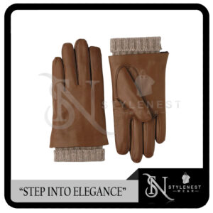 Fashion Brown Leather Gloves with Knit Cuff