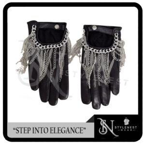 Fashion Black Leather Gloves with Silver Chains