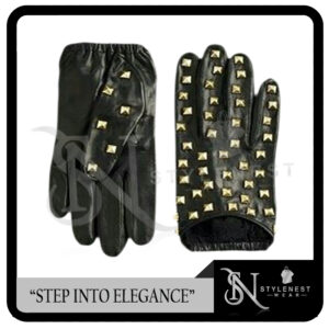 Fashion Black Leather Gloves with Gold Stud