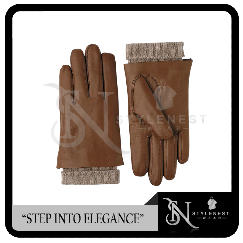 Fashion Brown Leather Gloves with Knit Cuff
