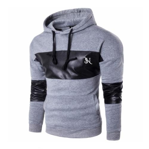 Menβs Grey & Black Leather Patch Hoodie β Premium Streetwear Style
