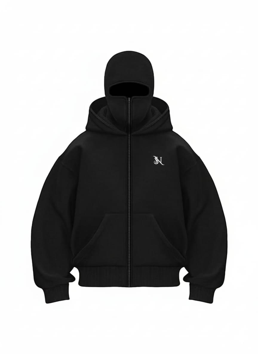 Black Full Zip-Up Hoodie with Face Cover – Streetwear Style